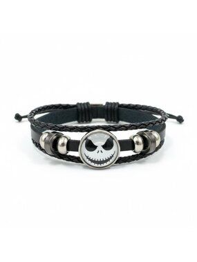 Jack Skellington Black Braided Leather Bracelet With Adjustable Strap And Metal